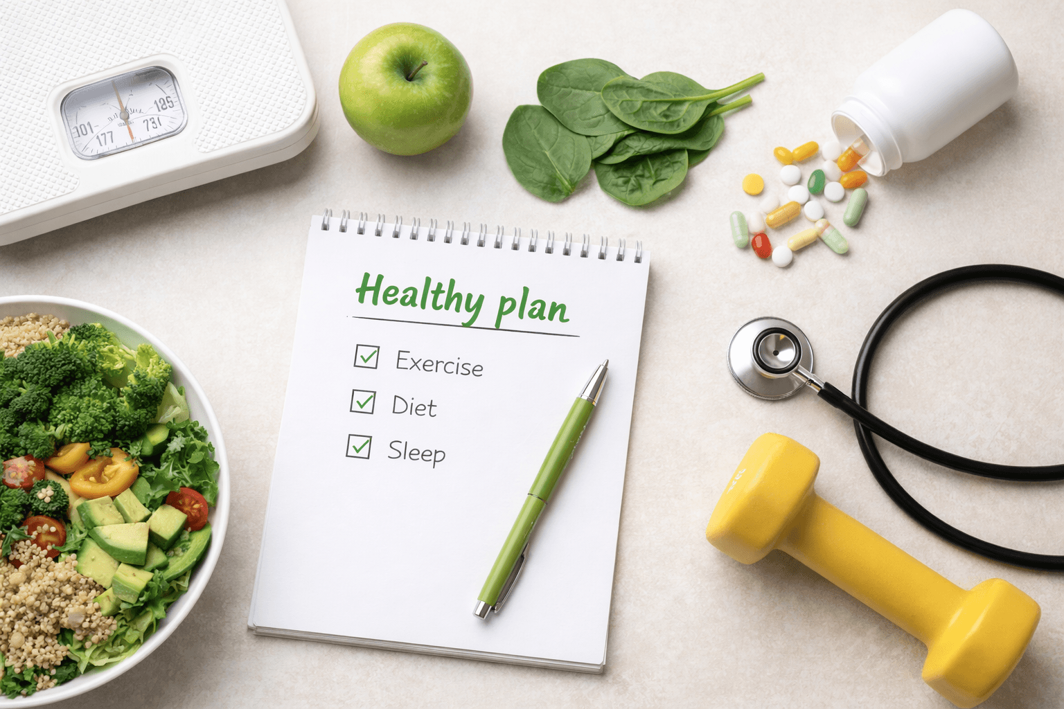 Egészséges életmódhoz kapcsolódó eszközök és alapanyagok rendezett kompozícióban